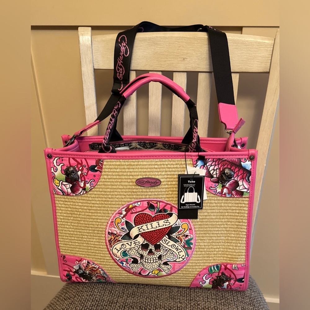 Ed Hardy Love Kills Slowly Straw Tote Bag Skull Rhinestone Tattoo Art Vegan NEW - Picture 3 of 16